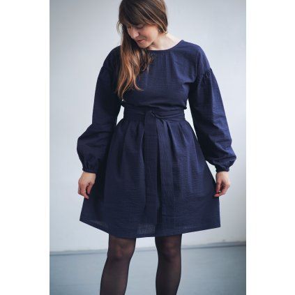 Šaty Minile Simple Puff Seersucker Dark Blue